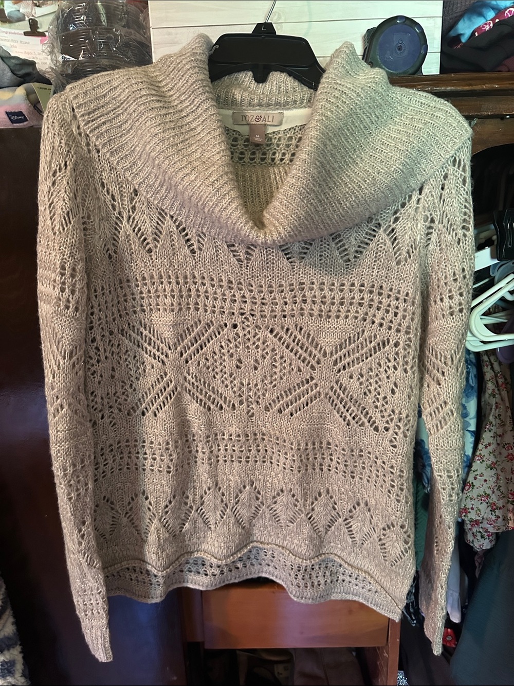 Roz & Ali Silver/Beige Open-Knit Cowlneck Sweater